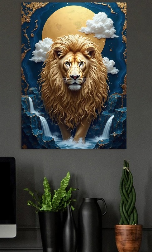 Majestic Lion in a Celestial Waterfall — metal poster wall art by Lineer