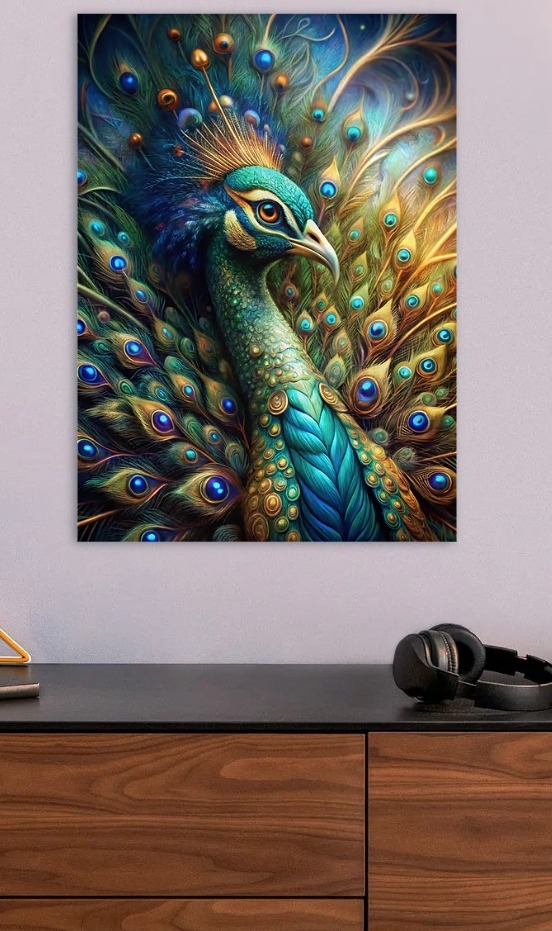 Majestic Peacock Portrait with Vibrant Feathers — metal poster wall art by Lineer