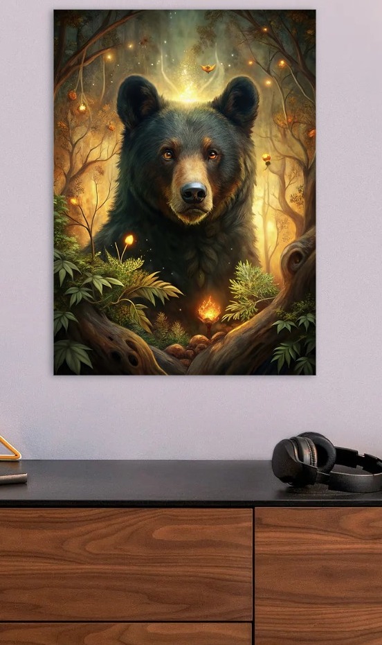 Mystical Bear in Enchanted Forest — metal poster wall art by Lineer