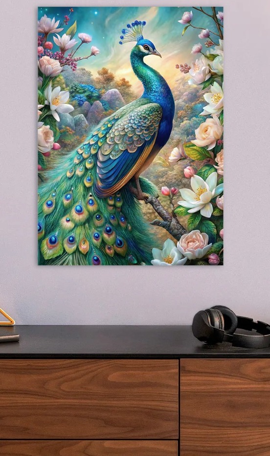 Peacock in Floral Paradise — metal poster wall art by Lineer