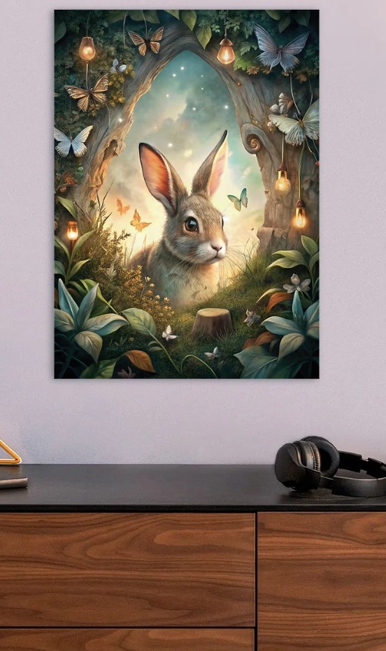Rabbit in Enchanted Forest with Butterfl — metal poster wall art by Lineer