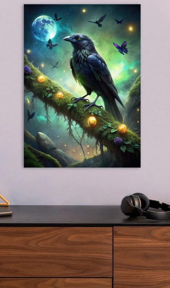 Raven on Mossy Branch with Butterflies — metal poster wall art by Lineer