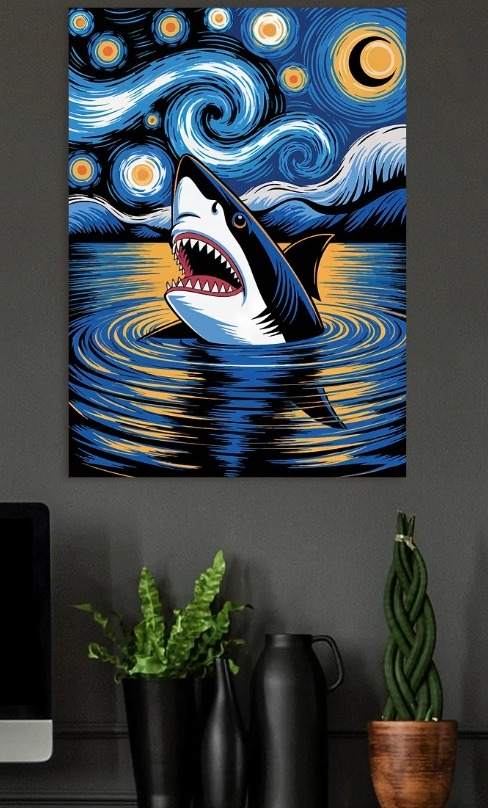 Shark in Starry Night Water — metal poster wall art by Lineer