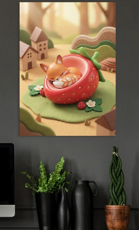 Sleeping Fox in Strawberry — metal poster wall art by Lineer