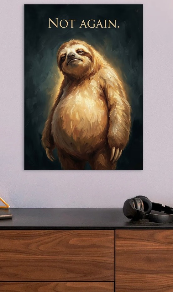 Sloth with Not Again Text — metal poster wall art by Lineer