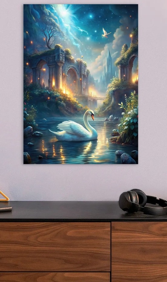 Swan in Fantasy Landscape with Ruins — metal poster wall art by Lineer