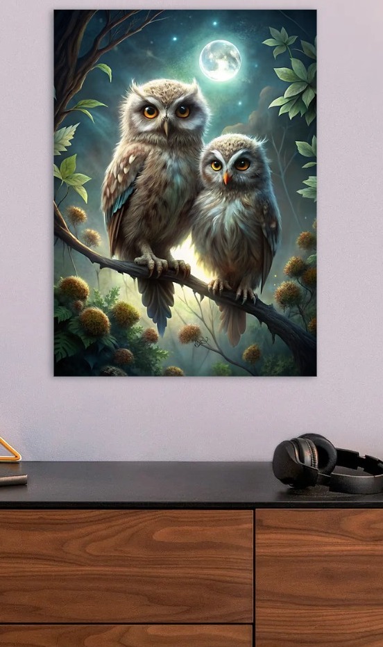 Two Owls Perched Under Moonlight — metal poster wall art by Lineer