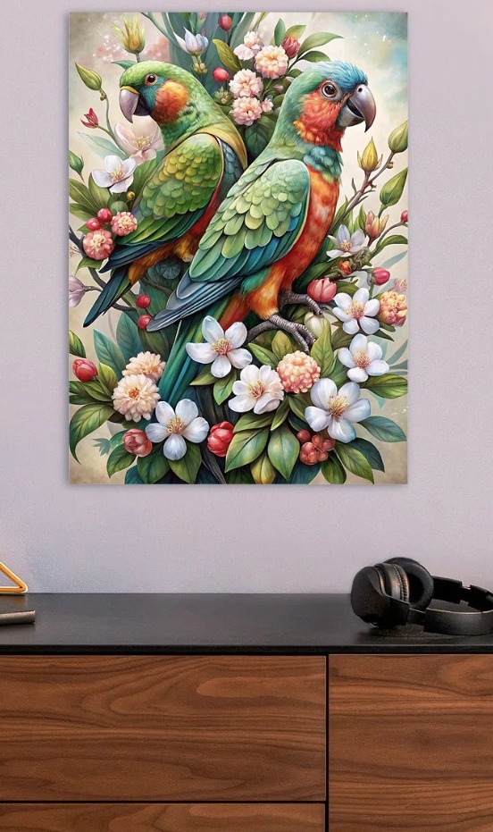 Two Parrots in Floral Arrangement — metal poster wall art by Lineer
