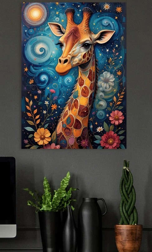 Whimsical Giraffe in a Starry Night — metal poster wall art by Lineer