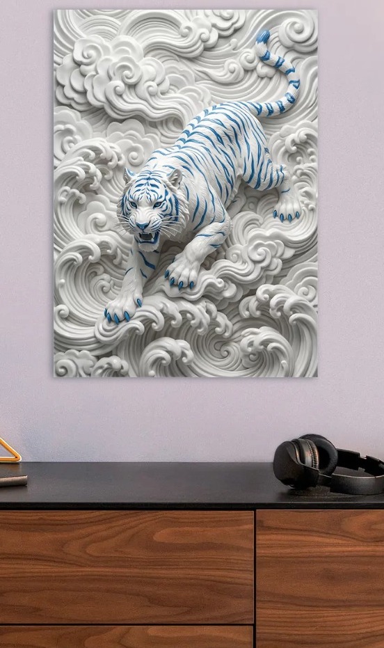 White Tiger with Blue Stripes — metal poster wall art by Lineer