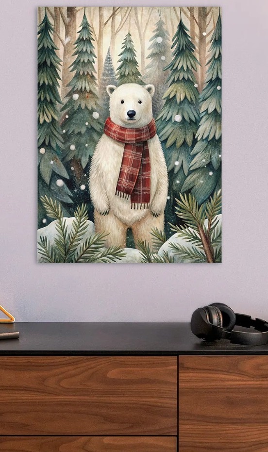 Winter Bear with Scarf in Forest — metal poster wall art by Lineer