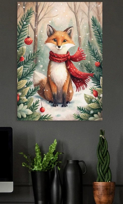 Winter Fox with Scarf and Ornaments — metal poster wall art by Lineer
